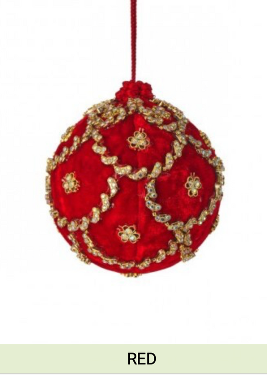 4"JEWELED SCALLOPED VELVET BALL ORNAMENT, Red 