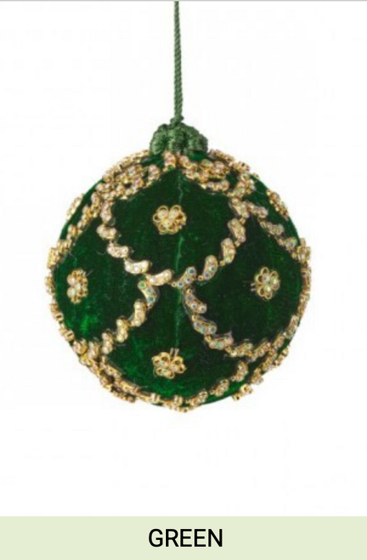 4"JEWELED SCALLOPED VELVET BALL ORNAMENT, Green 