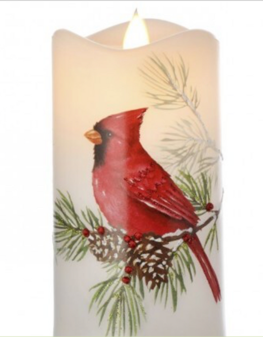 6" LED/BTY/TMR CARDINAL W/BRANCH FAUX CANDLE 