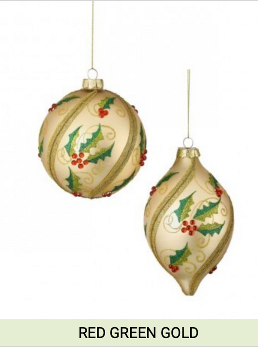 5-7" GLS HOLLY BALL/FINIAL ORNAMENT 2/AST 