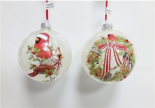 5" GLS CARDINAL/WREATH BALL ORNAMENT 2/AST 