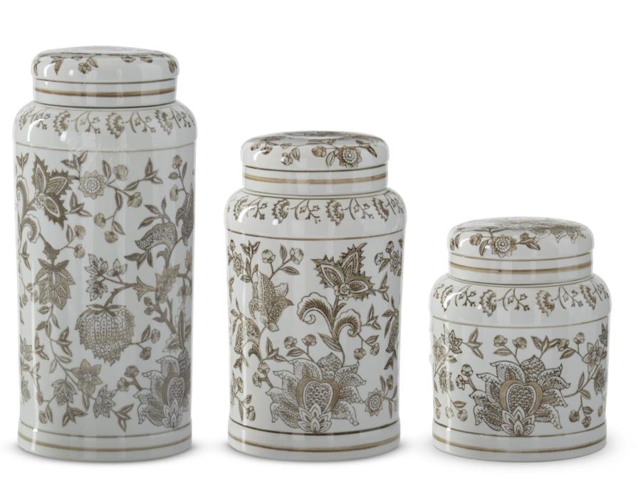 Taupe & White Porcelain Chinoiserie Lidded Jars