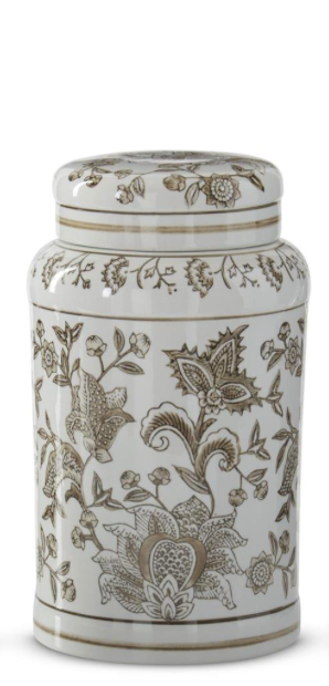 Taupe & White Porcelain Chinoiserie Lidded Jars