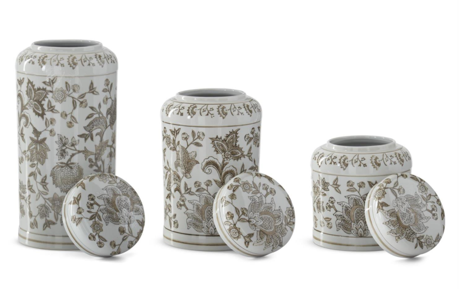 Taupe & White Porcelain Chinoiserie Lidded Jars