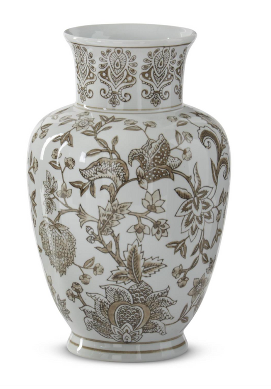 11.75" TAUPE & WHITE PORCELAIN CHINOISERIE VASE