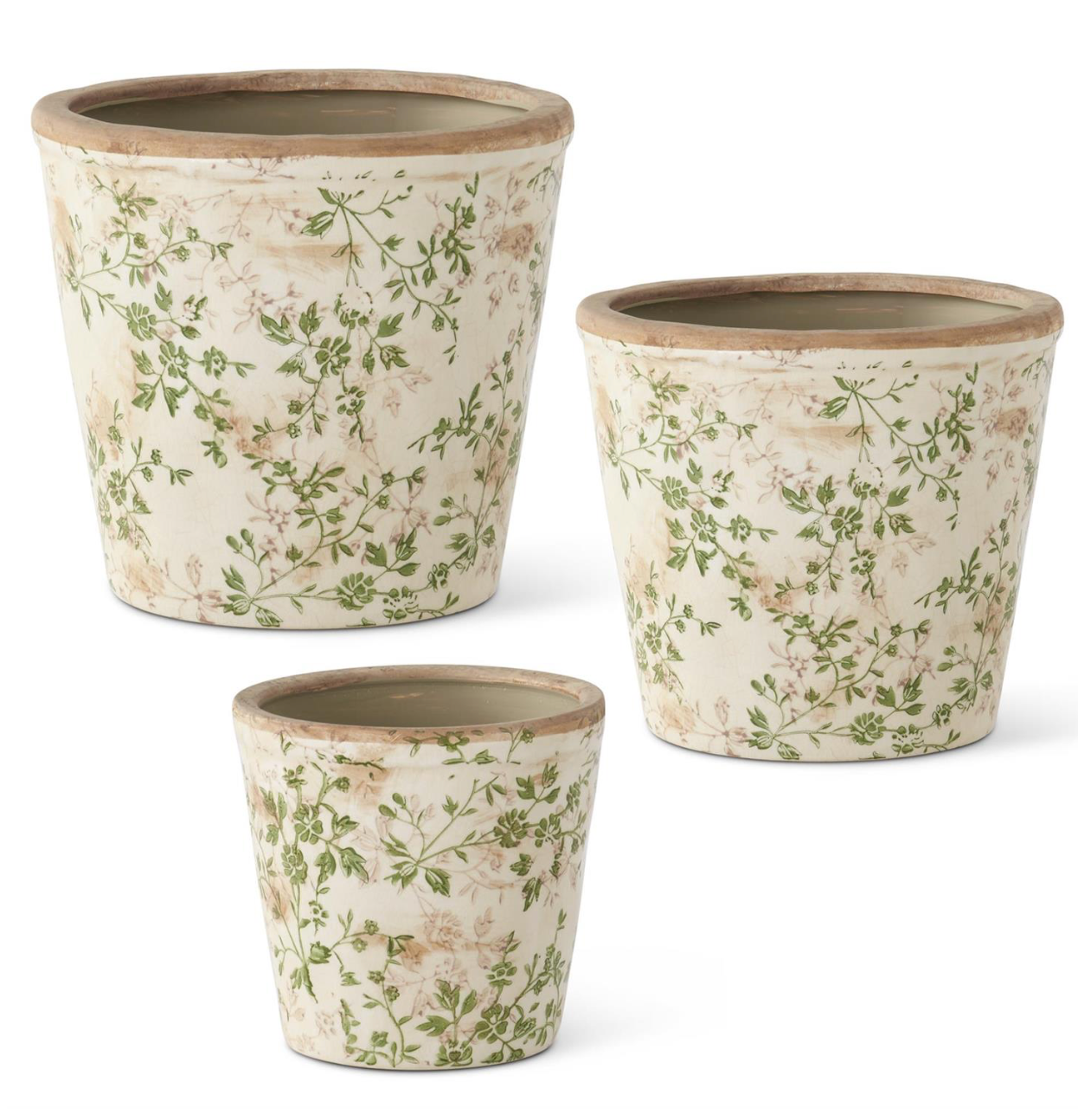 CREAM & GREEN FLORAL CERAMIC POTS