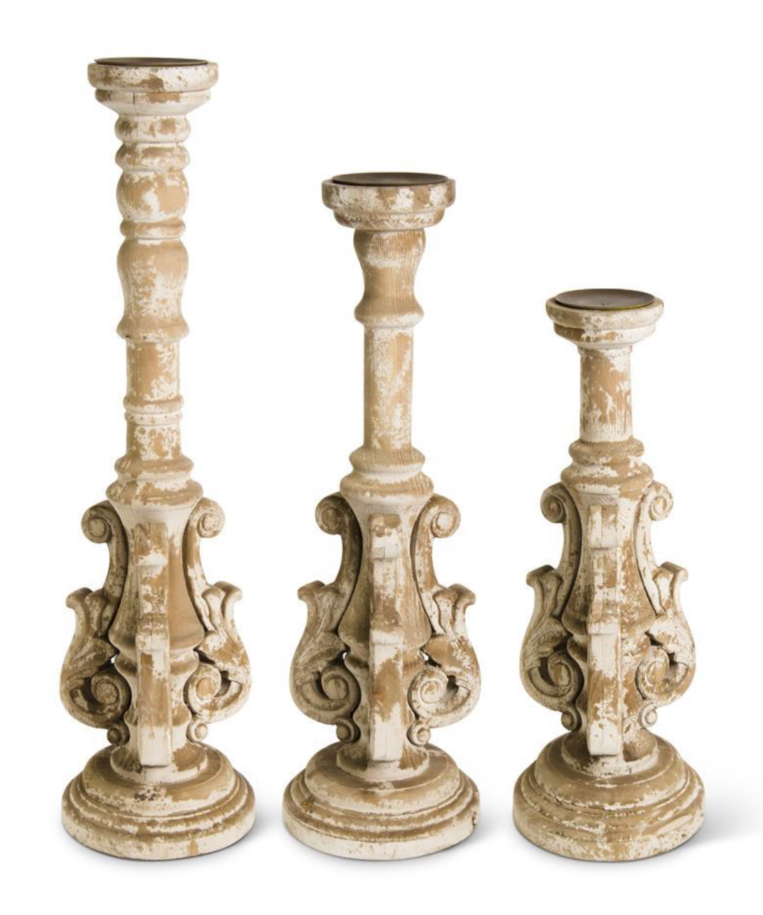 DISTRESSED WOOD ORNATE CANDLEHOLDERS