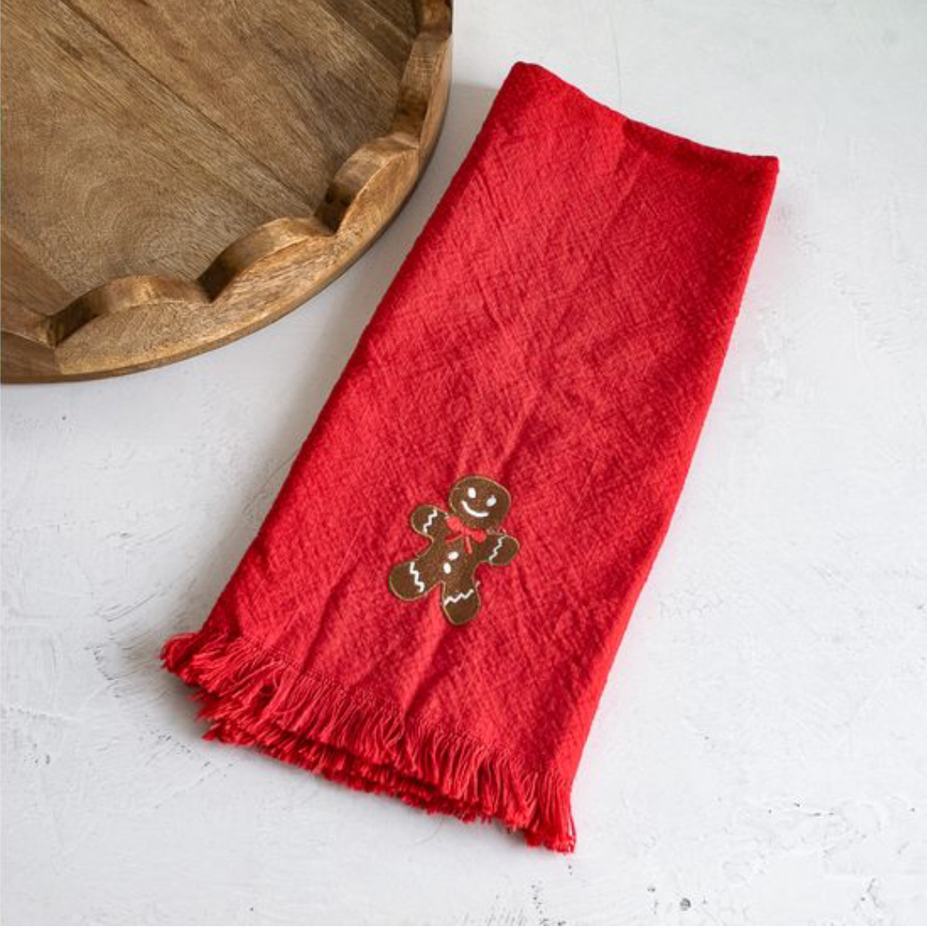GINGERBREAD MAN ON RED DISH TOWEL