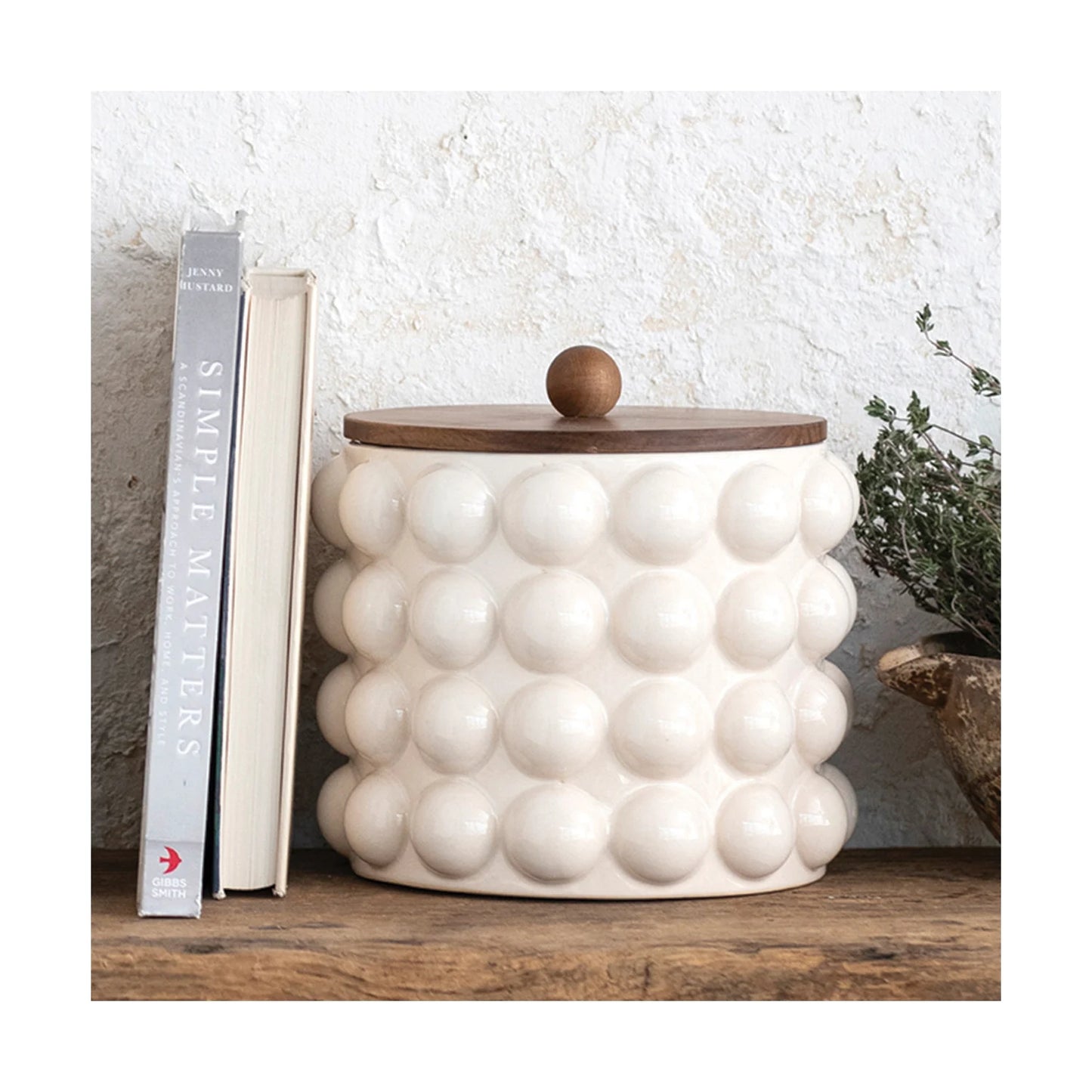 Stoneware Canister w/ Raised Dots & Acacia Wood Lid